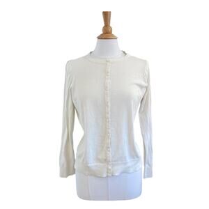 LOFT Cotton Ivory Long Sleeve Button Down Crew Neck Cardigan Sweater, Size XL